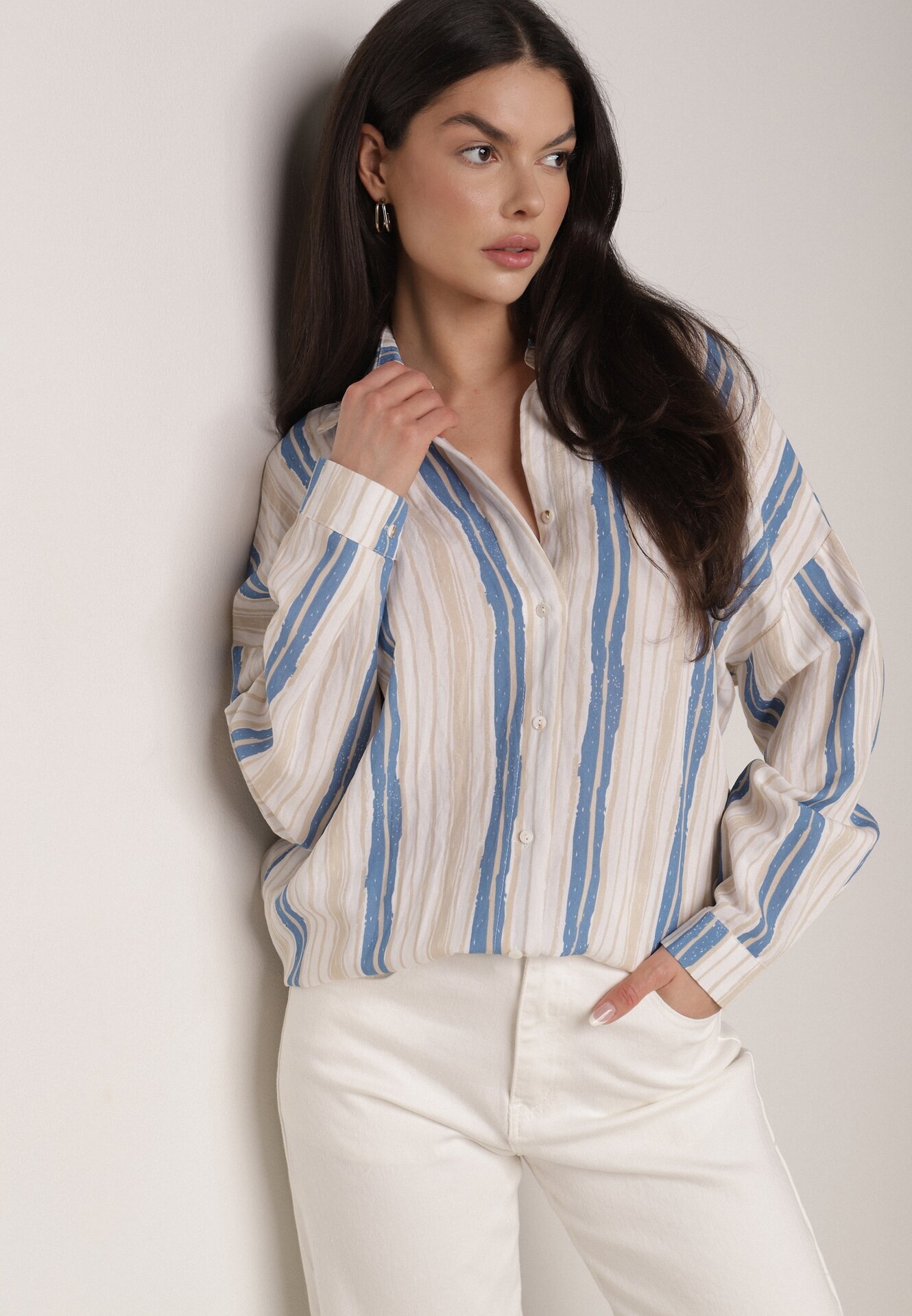 melya by melody Cămașă Bej-Albastră din bumbac în dungi cu croială lejeră Lievan