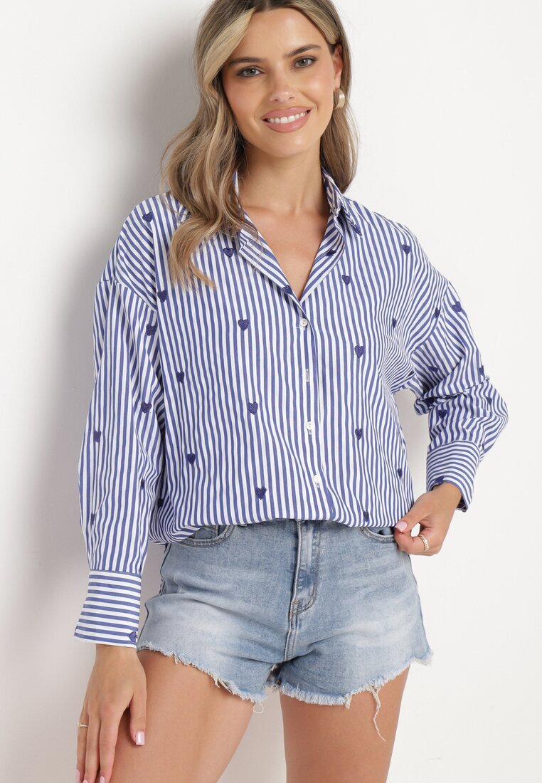 melya by melody Cămașă Bleumarin din bumbac cu dungi cu inimioare brodate Sanileni
