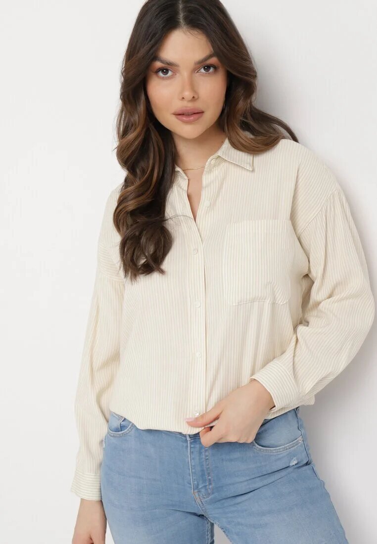 melya by melody Cămașă de bumbac bej cu model în dungi Irviana