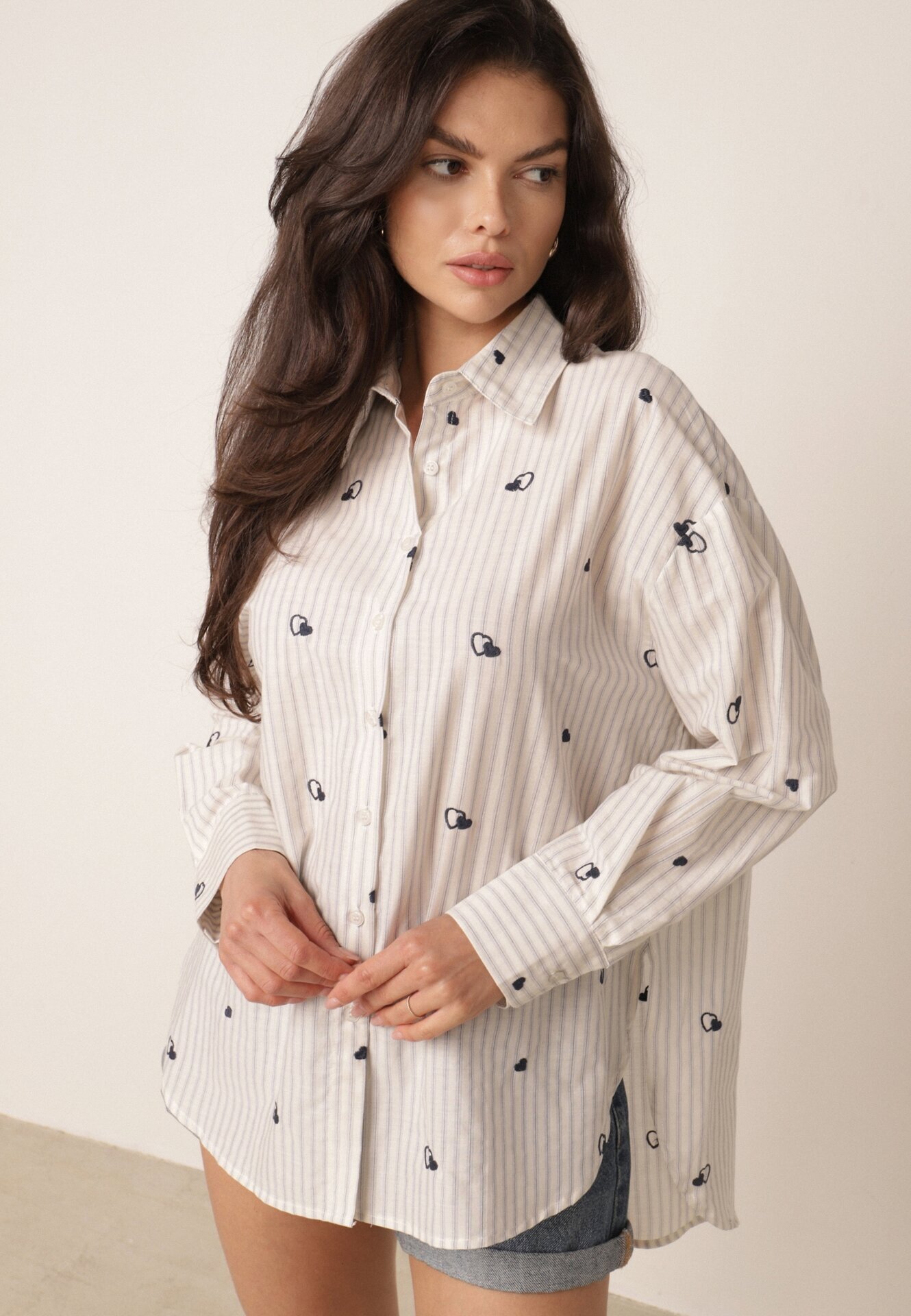 melya by melody Cămașă de vară din bumbac croi oversize cu dungi și broderie Deinaris Albastră