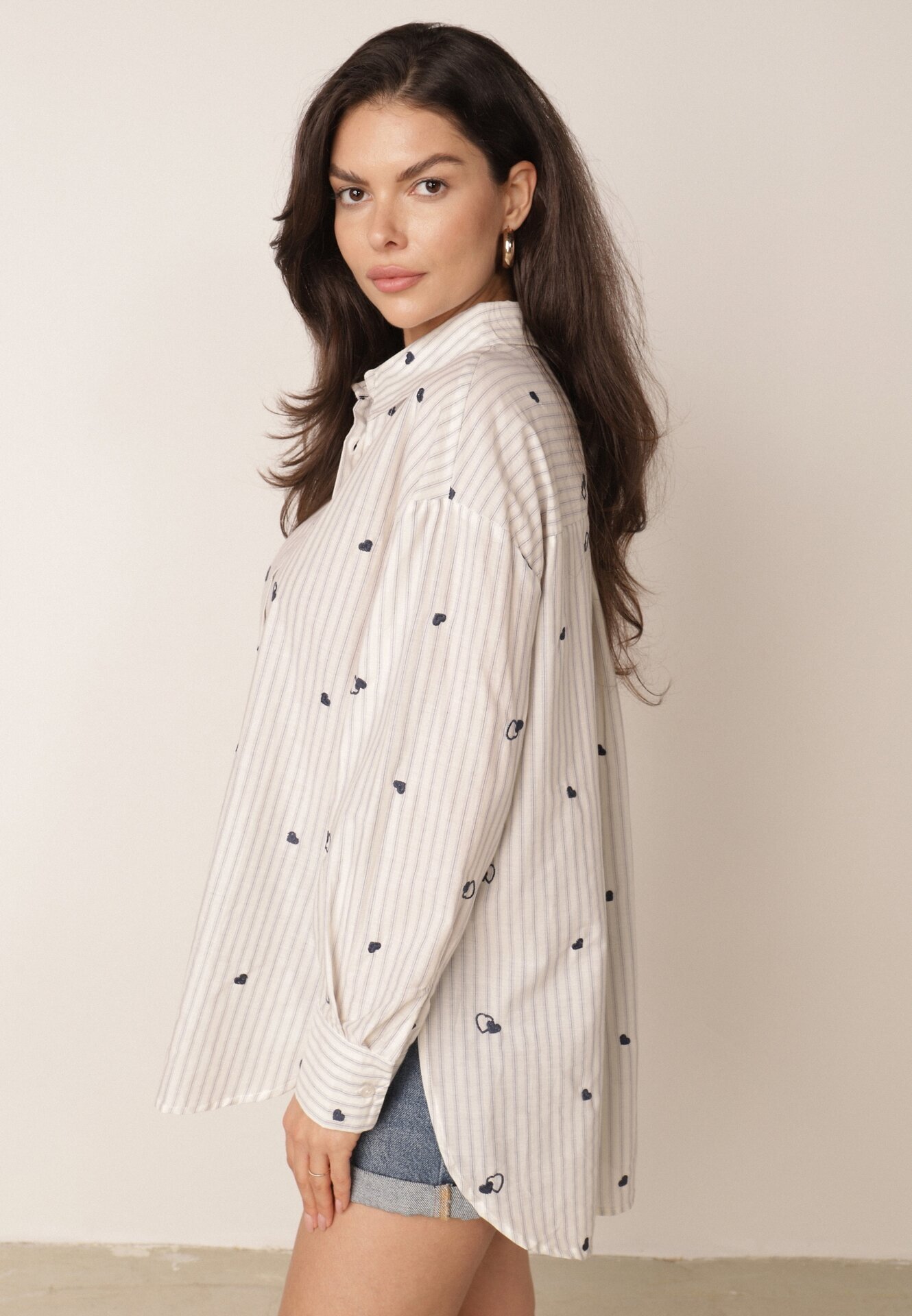 melya by melody Cămașă de vară din bumbac croi oversize cu dungi și broderie Deinaris Albastră