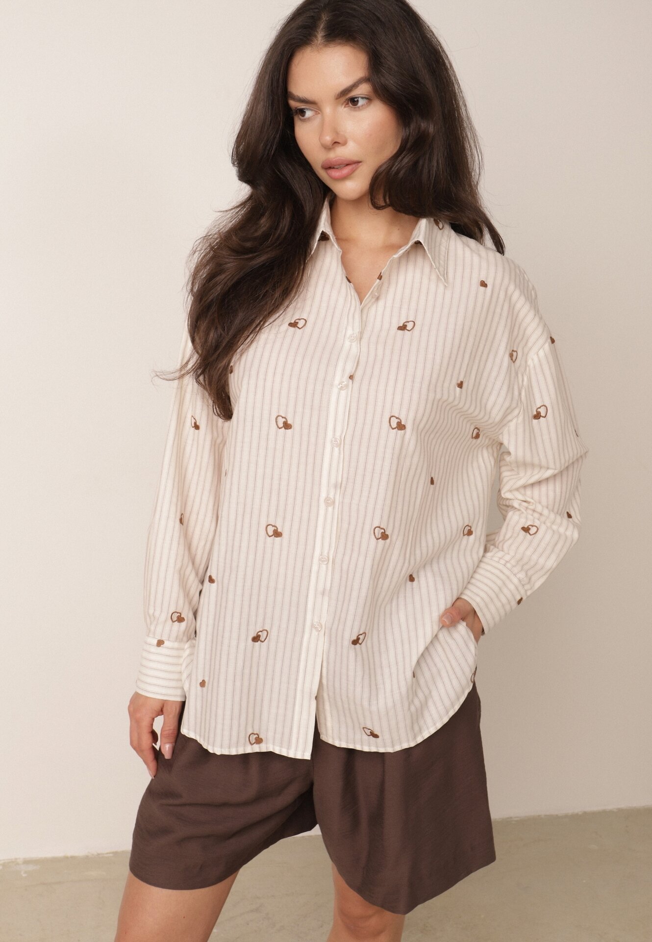 melya by melody Cămașă de vară din bumbac croi oversize cu dungi și broderie Deinaris Bej