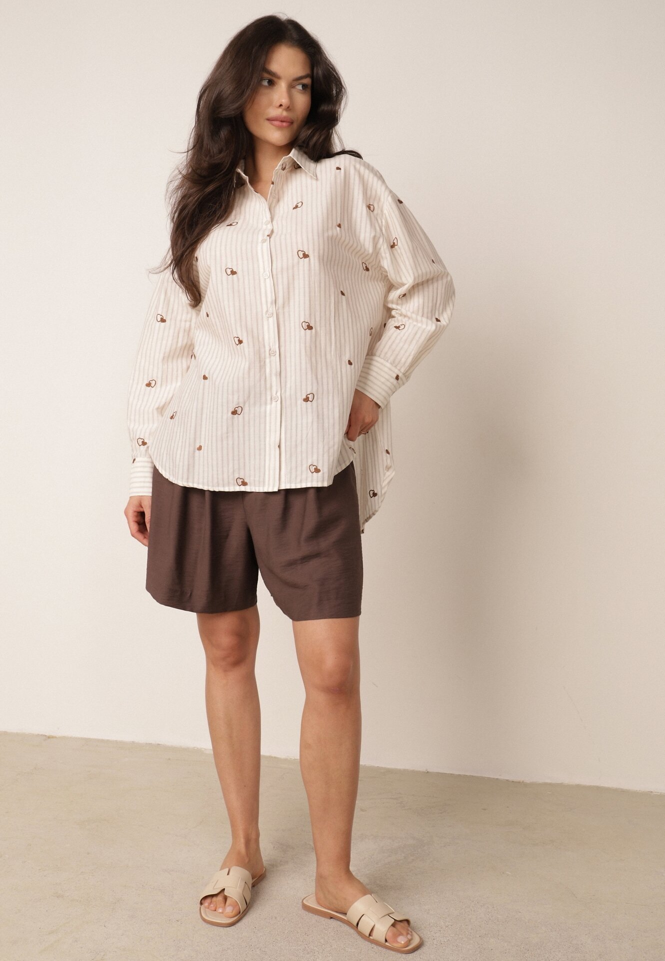 melya by melody Cămașă de vară din bumbac croi oversize cu dungi și broderie Deinaris Bej