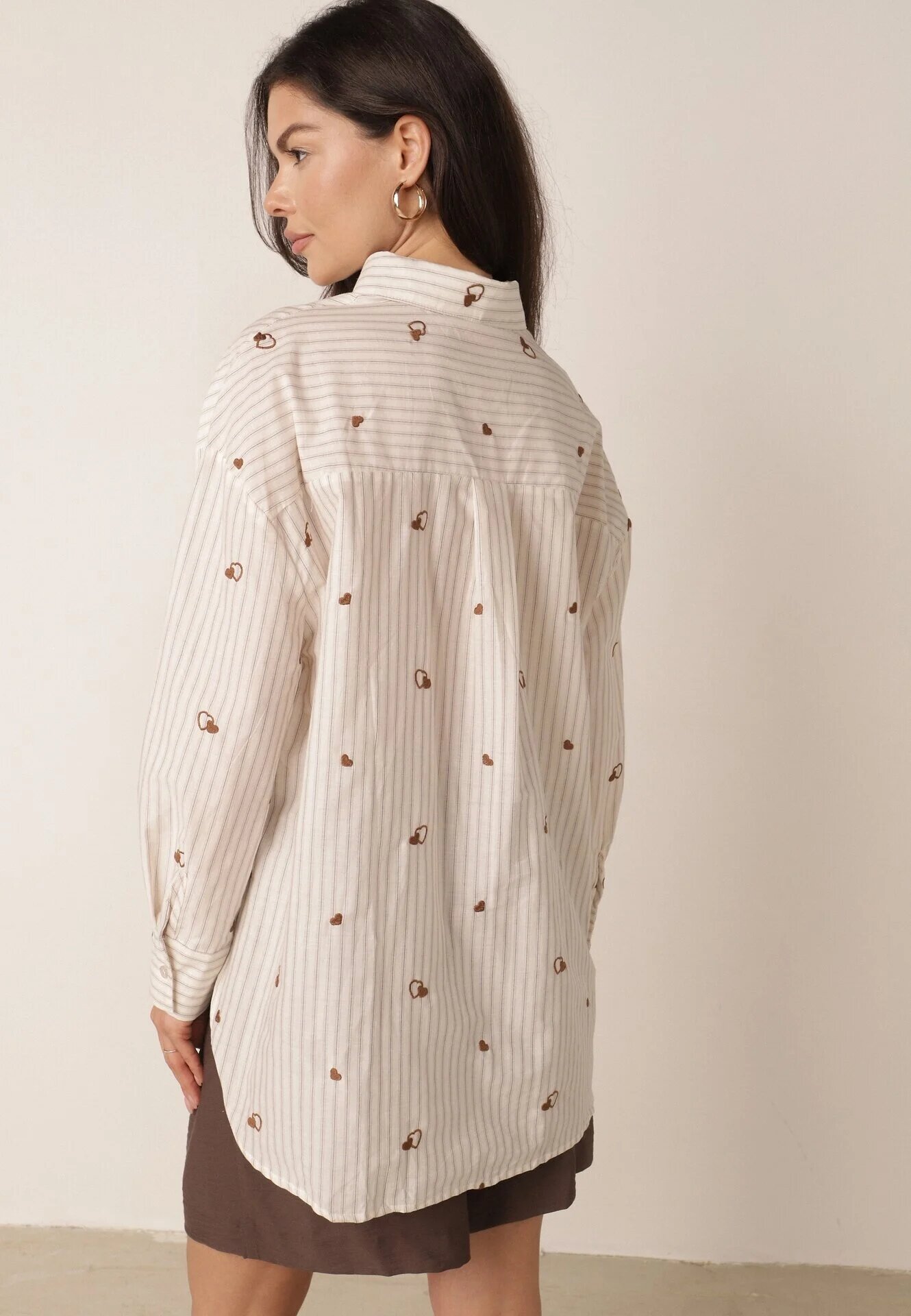 melya by melody Cămașă de vară din bumbac croi oversize cu dungi și broderie Deinaris Bej