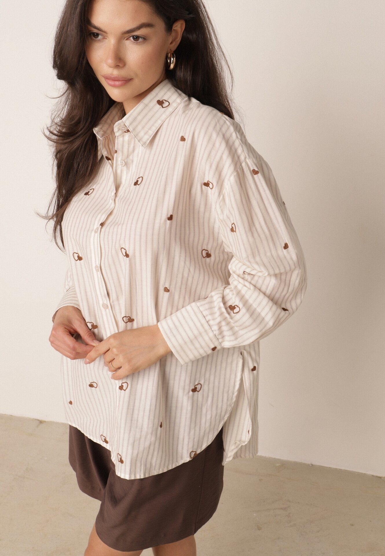 melya by melody Cămașă de vară din bumbac croi oversize cu dungi și broderie Deinaris Bej