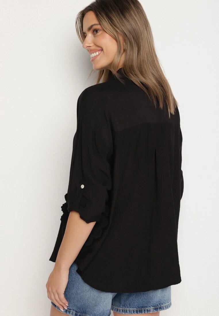 melya by melody Cămașă Neagră Oversize de Vâscoză cu In Decorată cu Aplicație Florală Finreis