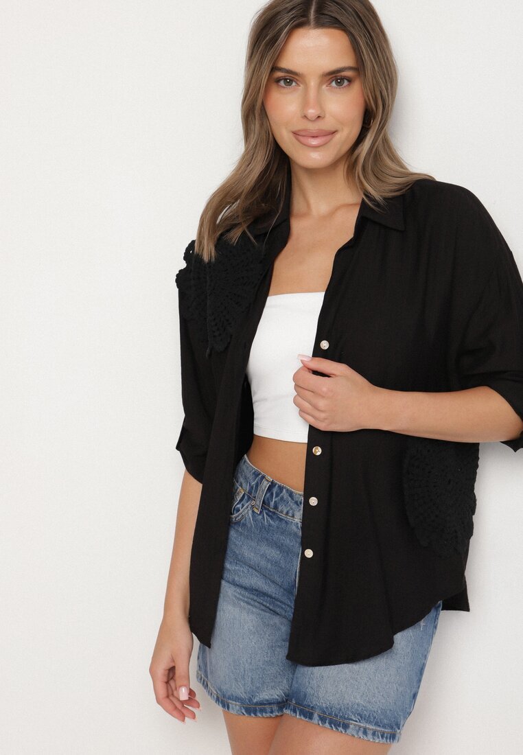 melya by melody Cămașă Neagră Oversize de Vâscoză cu In Decorată cu Aplicație Florală Finreis