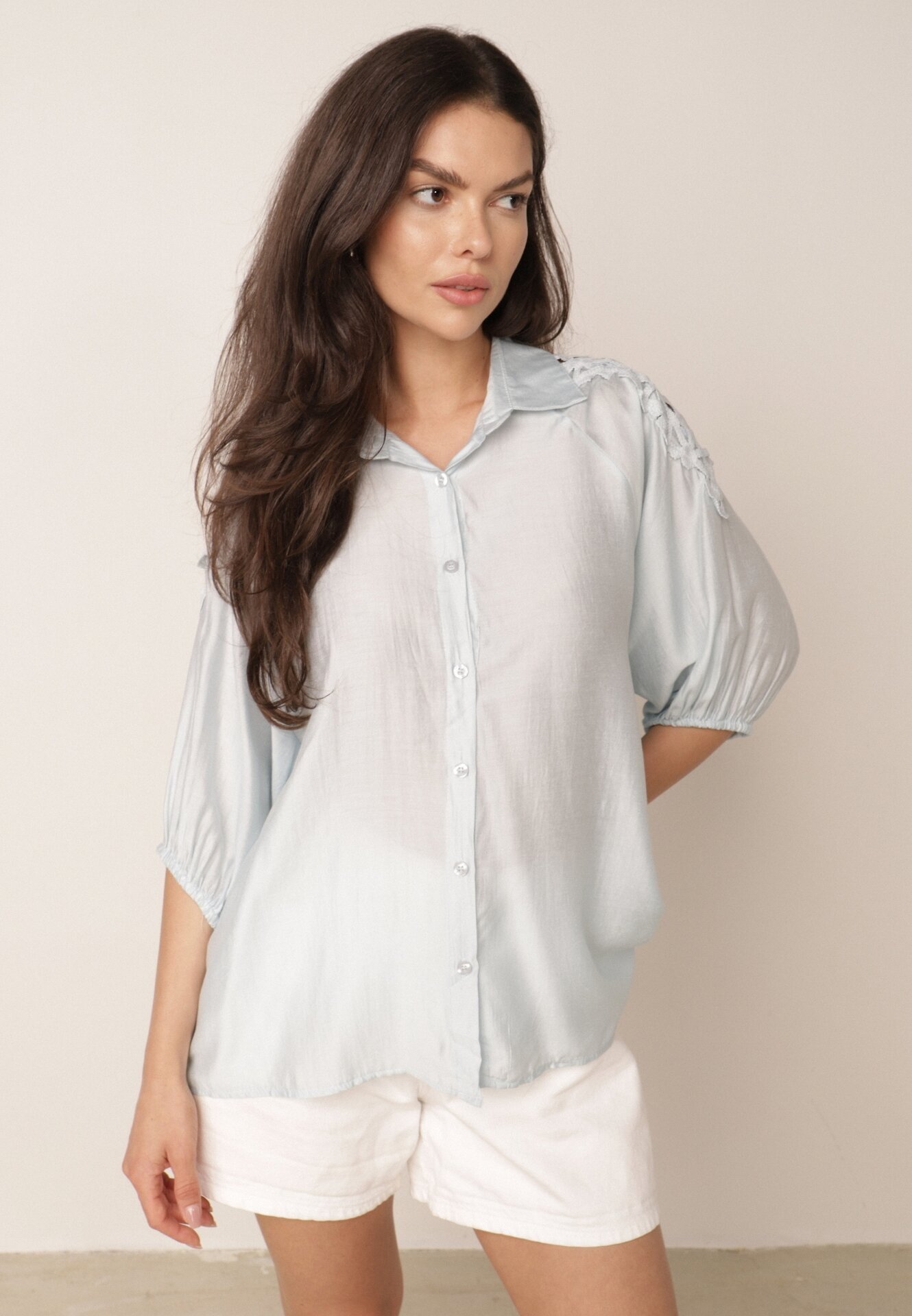 melya by melody Cămașă oversize cu inserție ajurată pe umeri Heleira Albastru deschis