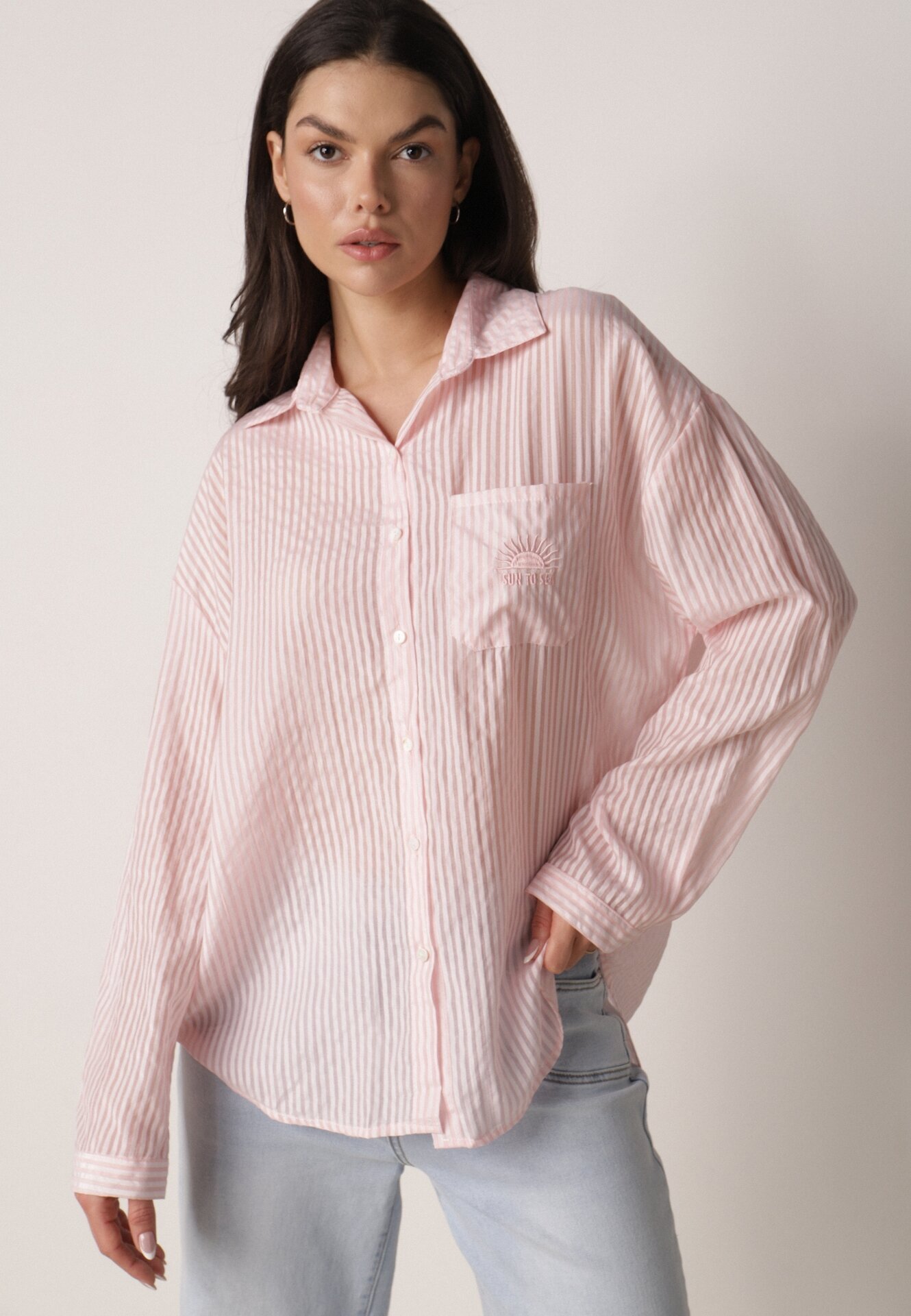 melya by melody Cămașă Roz Croială oversize din Tencel în dungi Decorată cu broderie Tidine