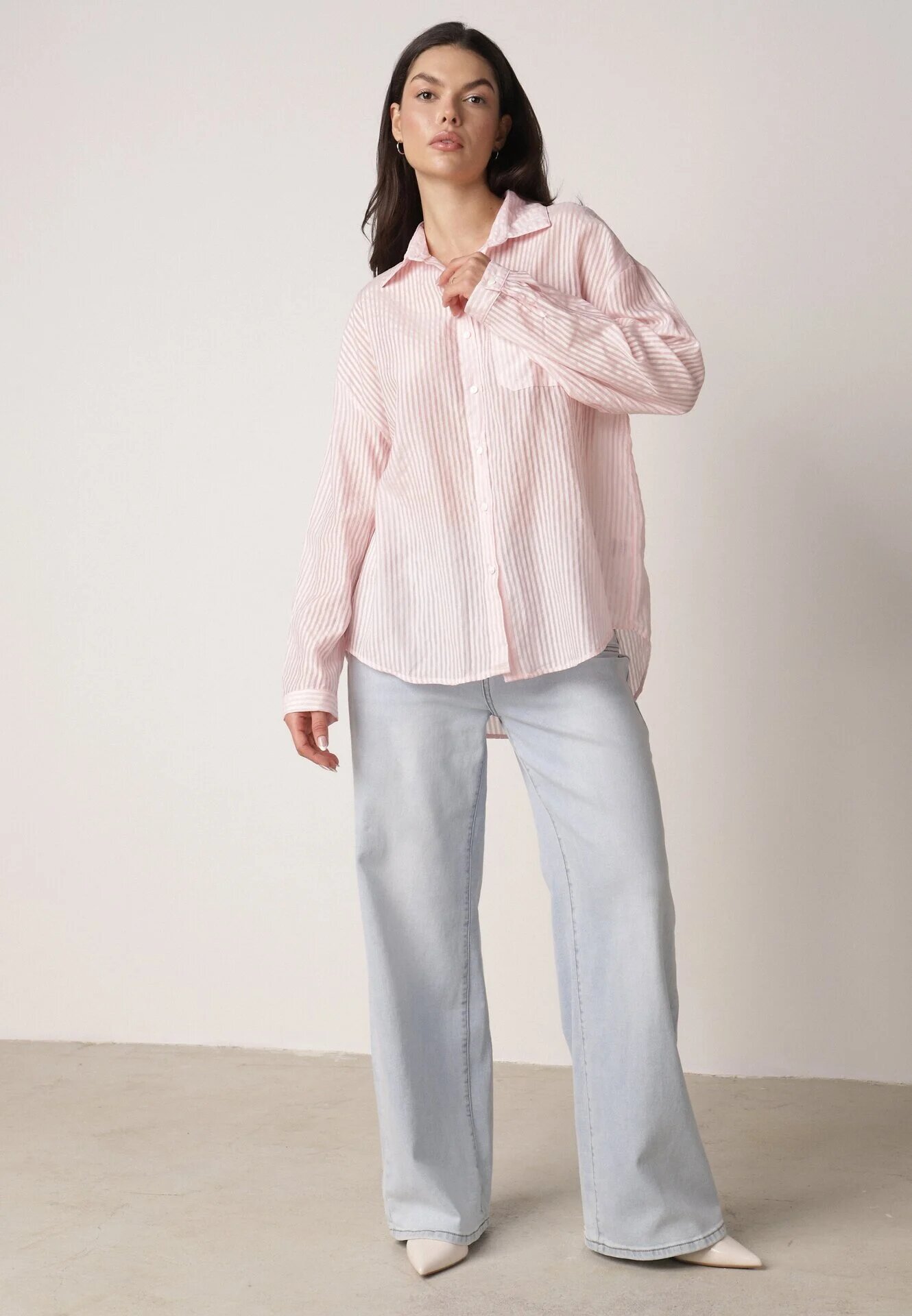 melya by melody Cămașă Roz Croială oversize din Tencel în dungi Decorată cu broderie Tidine