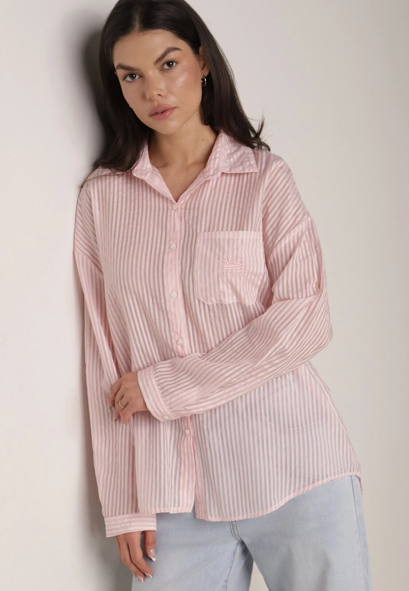 melya by melody Cămașă Roz Croială oversize din Tencel în dungi Decorată cu broderie Tidine