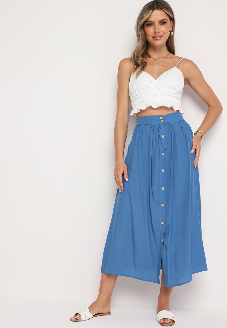 melya by melody Fustă Albastră Maxi cu Nasturi și Elastic în Talie Aurorsa