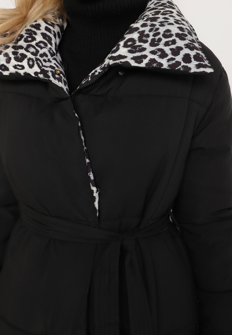 melya by melody Geacă matlasată Negru-Gri lungă cu guler leopard și cordon Silfezi