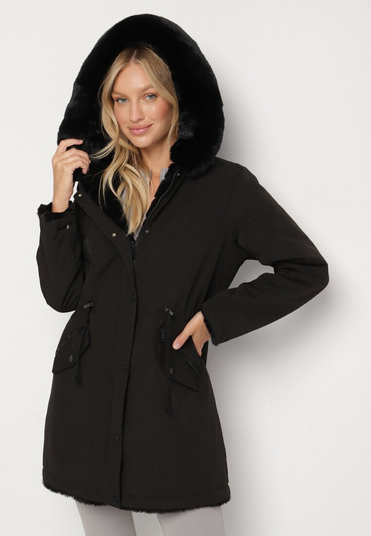 melya by melody Geacă Parka Negru Reversibilă cu Blană cu Glugă Alorrise