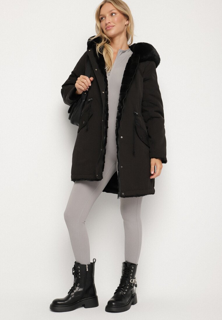 melya by melody Geacă Parka Negru Reversibilă cu Blană cu Glugă Alorrise