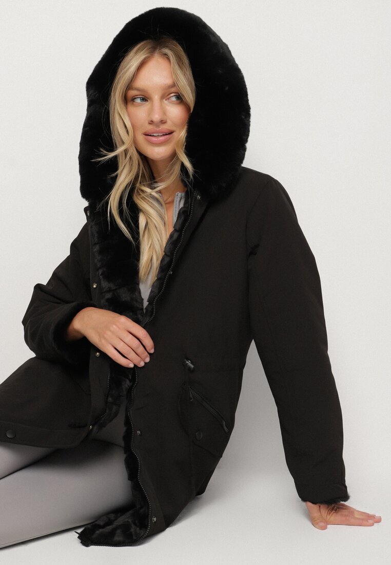 melya by melody Geacă Parka Negru Reversibilă cu Blană cu Glugă Alorrise