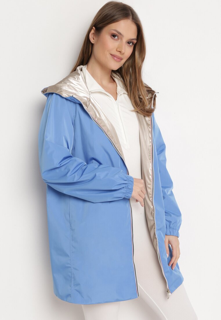 melya by melody Geacă Reversibilă Albastru deschis cu Glugă Neatașabilă și Efect Metalic Lirednil
