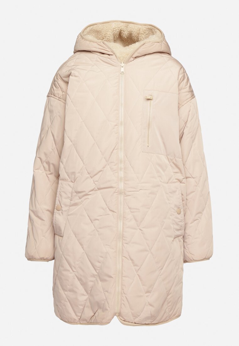 melya by melody Jachetă Bej Reversibilă Matlasată și cu Blană cu Croială Dreaptă cu Glugă Emiriselle