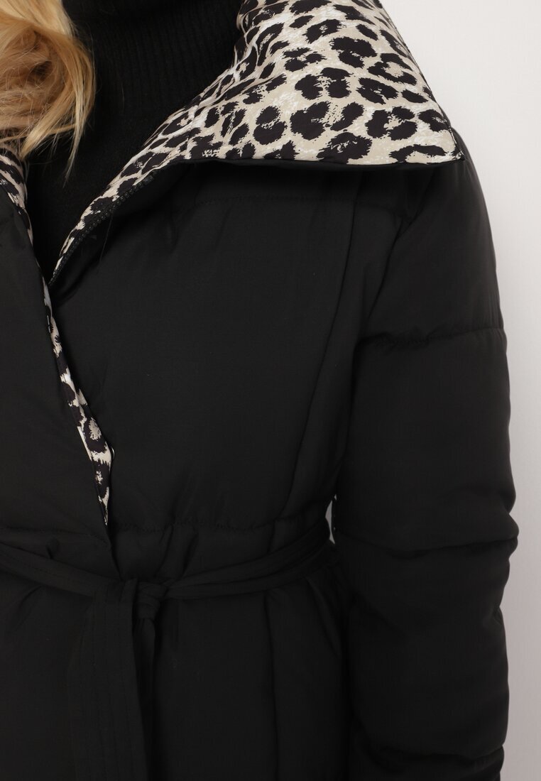 melya by melody Jachetă matlasată neagră-bej cu croială lungă cu guler leopard și cordon Silfezi