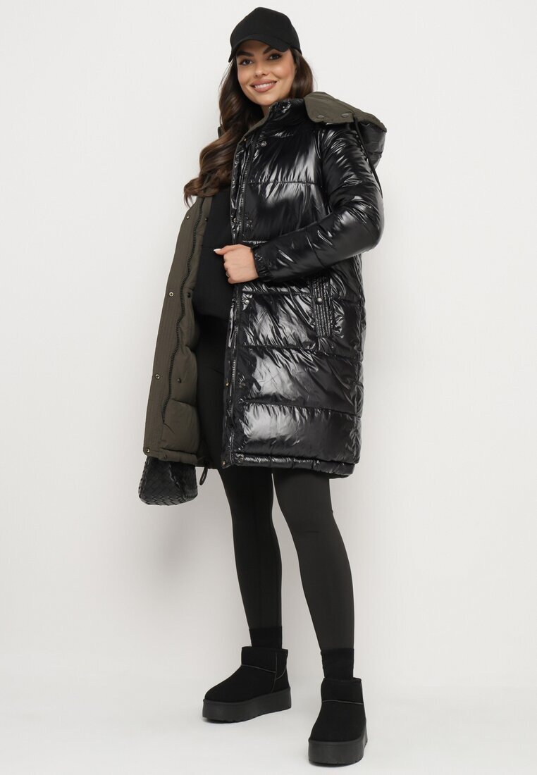 melya by melody Jachetă matlasată Negru-Verde Reversibilă cu Glugă Detașabilă Foarte Călduroasă Renirra