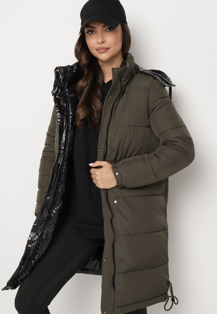 melya by melody Jachetă matlasată Negru-Verde Reversibilă cu Glugă Detașabilă Foarte Călduroasă Renirra