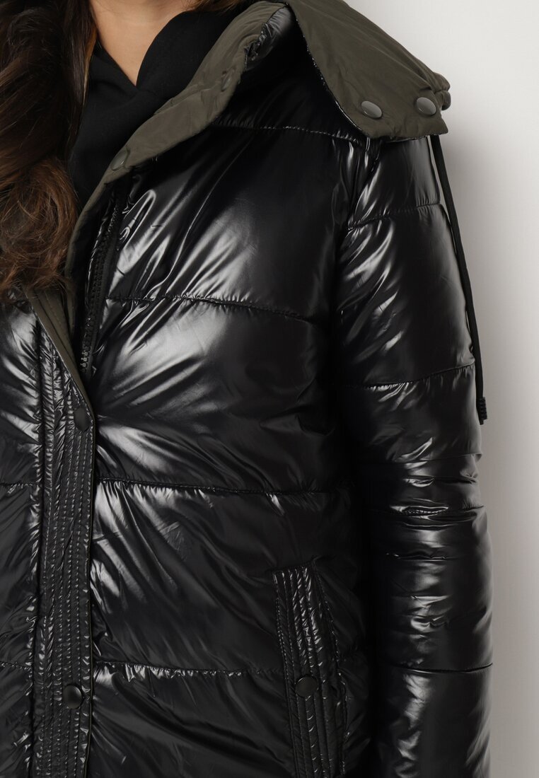 melya by melody Jachetă matlasată Negru-Verde Reversibilă cu Glugă Detașabilă Foarte Călduroasă Renirra