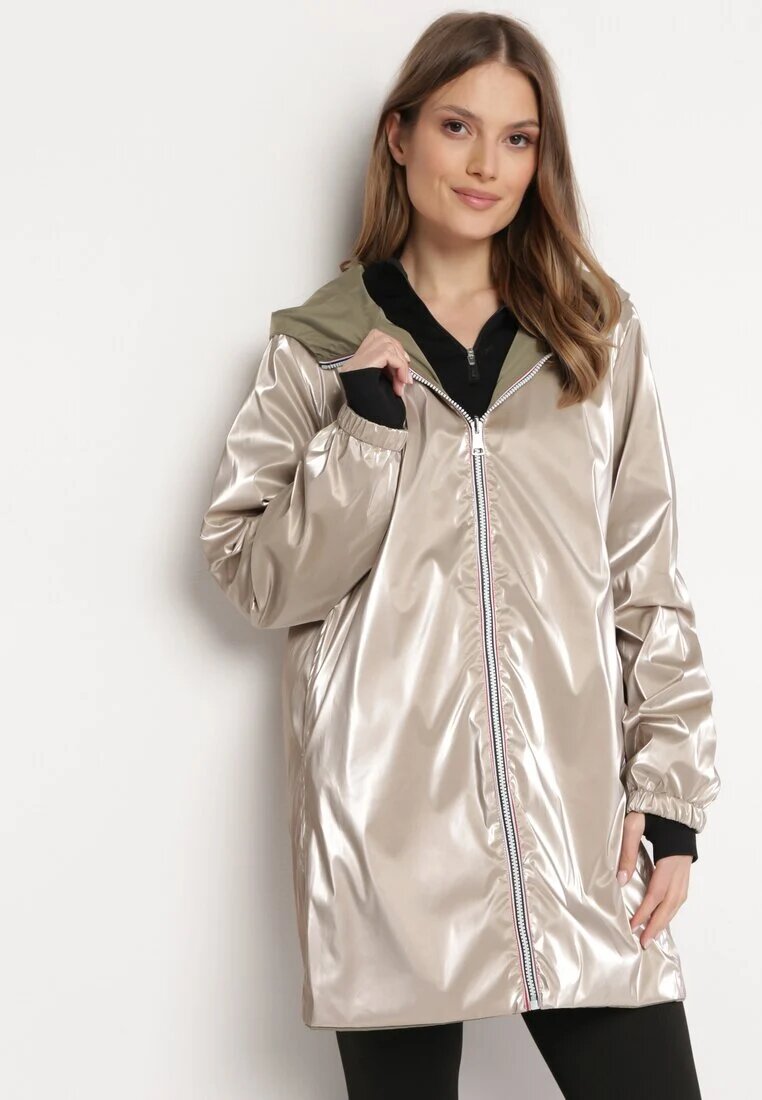 melya by melody Jachetă Verde închis Reversibilă cu Glugă Fixă și cu Efect Metalic Lirednil