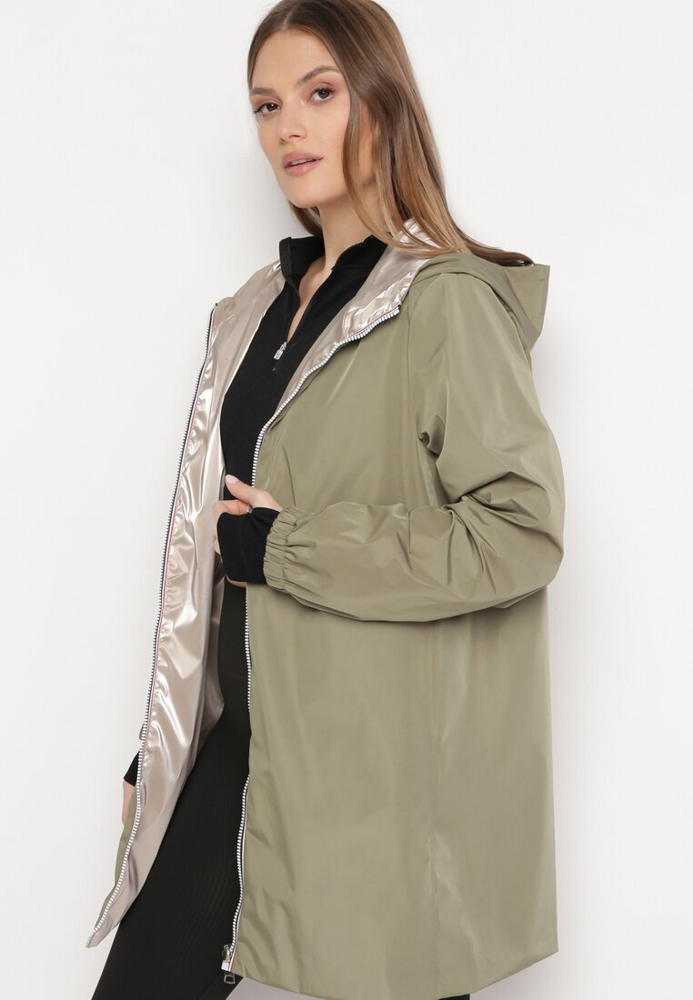 melya by melody Jachetă Verde închis Reversibilă cu Glugă Fixă și cu Efect Metalic Lirednil