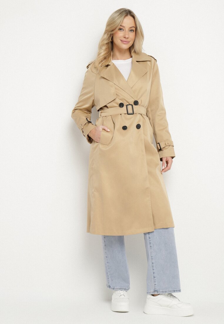 melya by melody Lung Palton Trench Bej închis cu un croi clasic cu curea Nasde