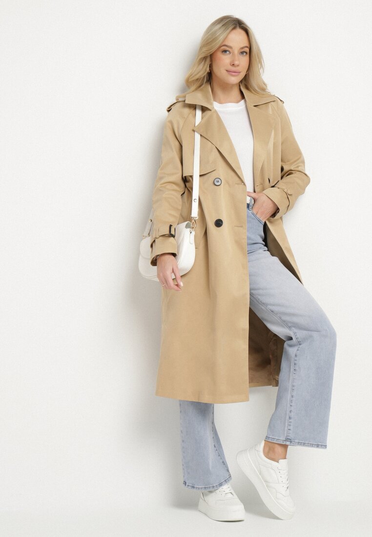 melya by melody Lung Palton Trench Bej închis cu un croi clasic cu curea Nasde