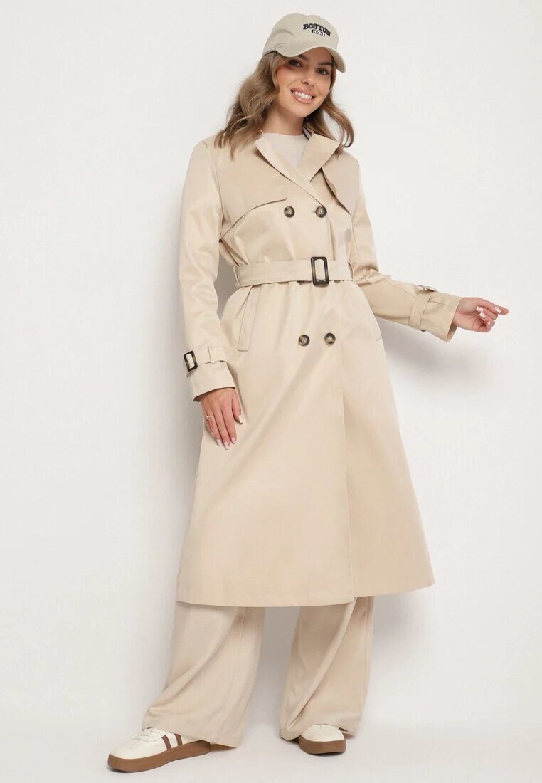 melya by melody Palton Trench Bej deschis dublu rând ornat cu curea și cataramă Tinbella