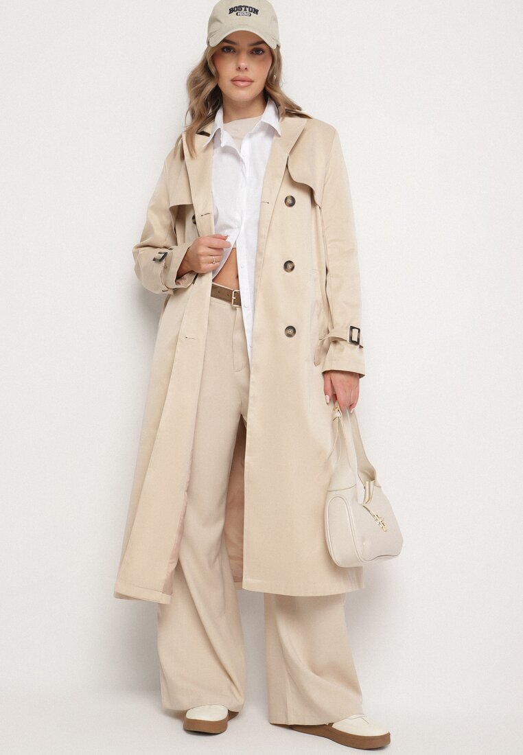 melya by melody Palton Trench Bej deschis dublu rând ornat cu curea și cataramă Tinbella
