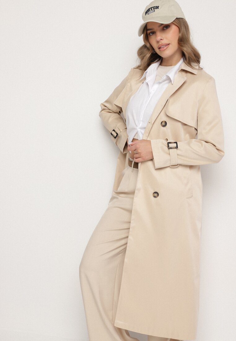 melya by melody Palton Trench Bej deschis dublu rând ornat cu curea și cataramă Tinbella