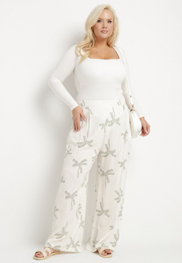 melya by melody Pantaloni albi din Viscoză și In cu Imprimeu Delicat cu Talie Înaltă Tassemi