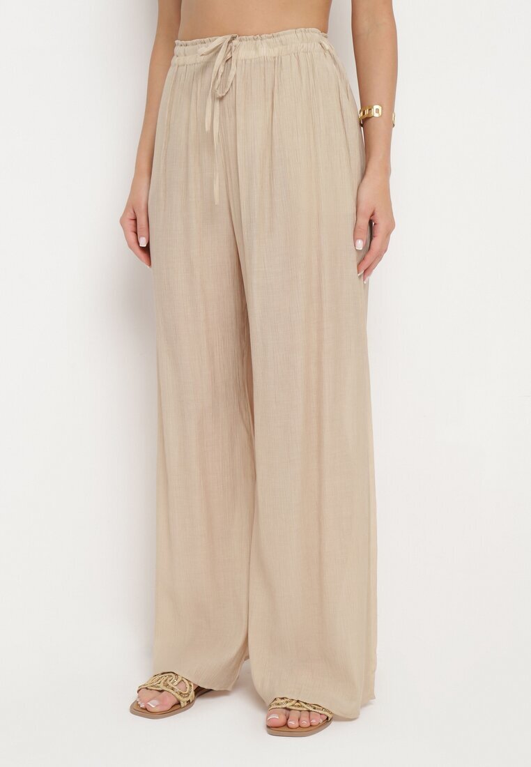 melya by melody Pantaloni Bej Larghi din Viscoză cu Buzunare Rowalle
