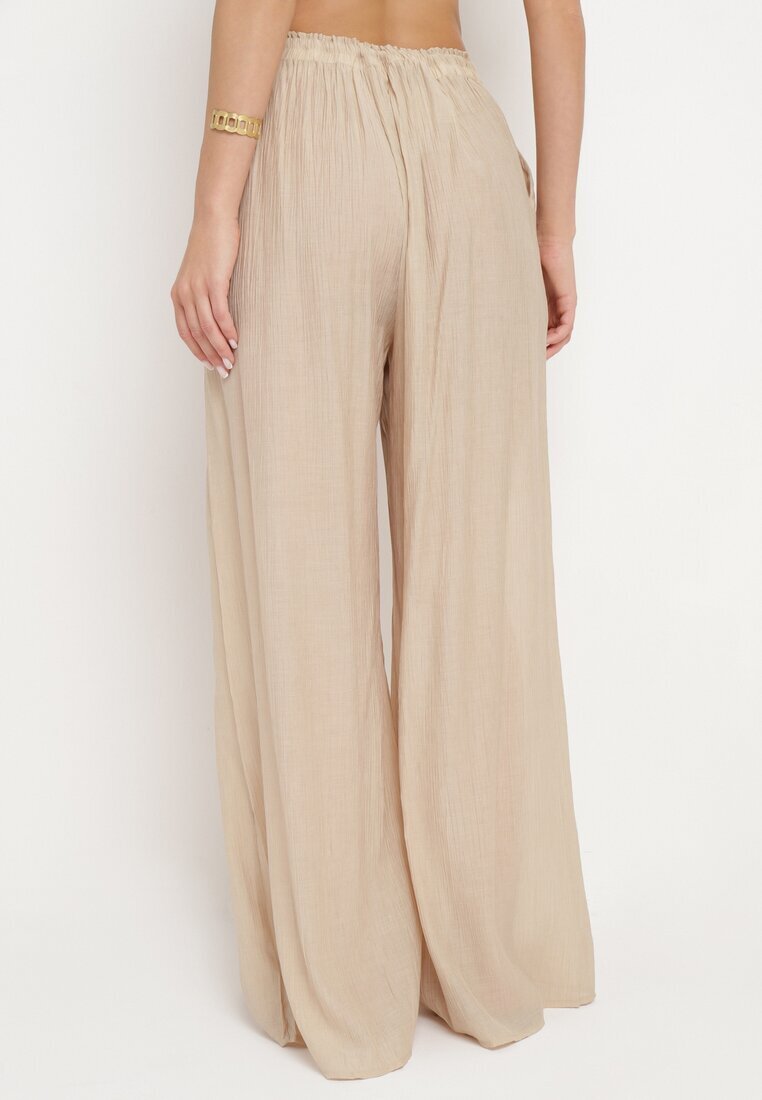 melya by melody Pantaloni Bej Larghi din Viscoză cu Buzunare Rowalle