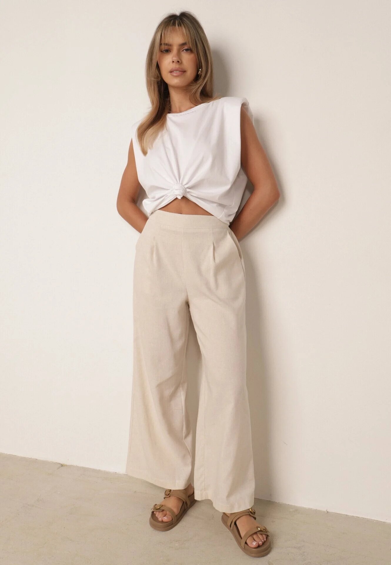 melya by melody Pantaloni Bej Largi cu elastic în talie cu in Araniells