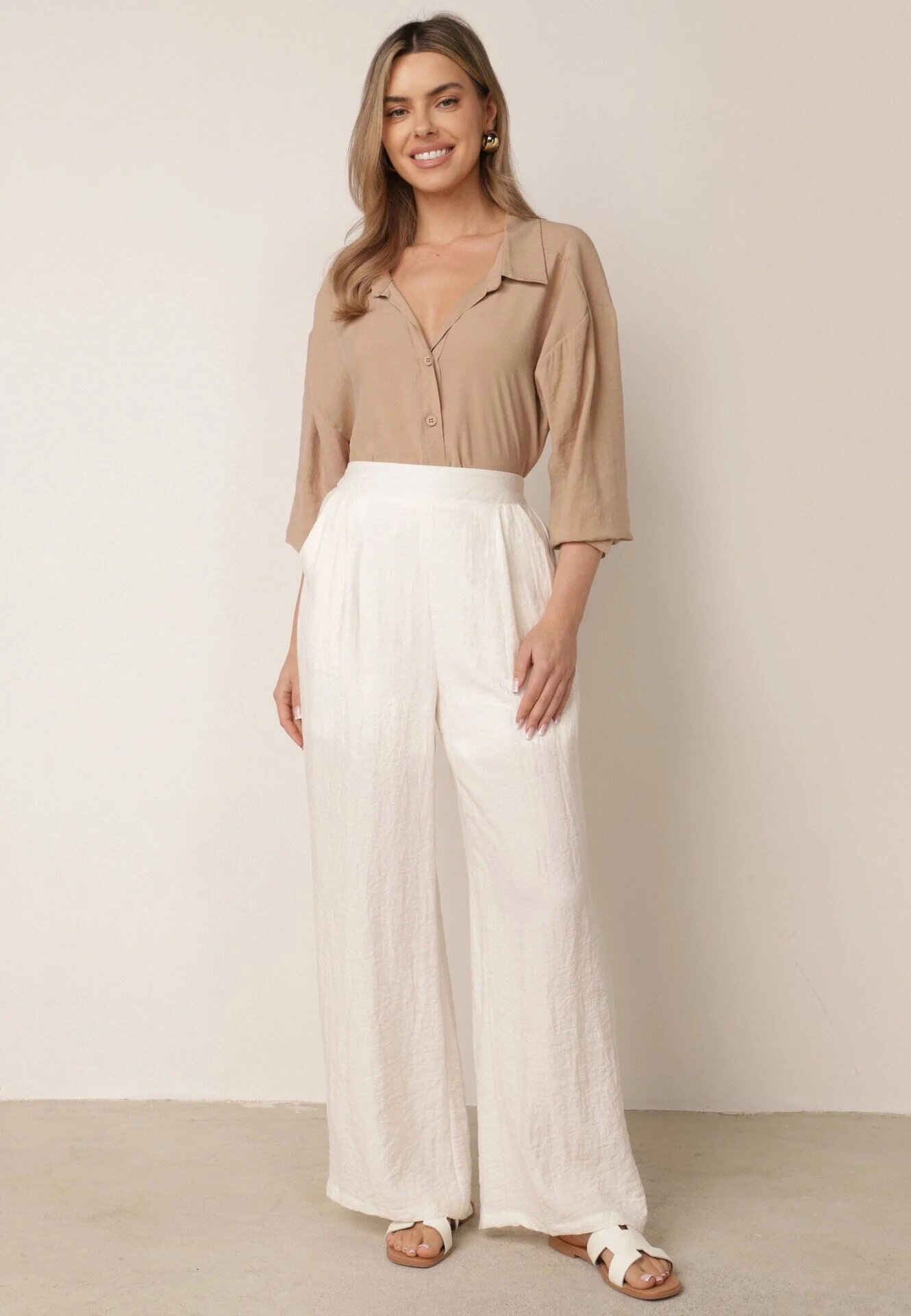 melya by melody Pantaloni casual structurali largi cu talie înaltă Sofede Bej