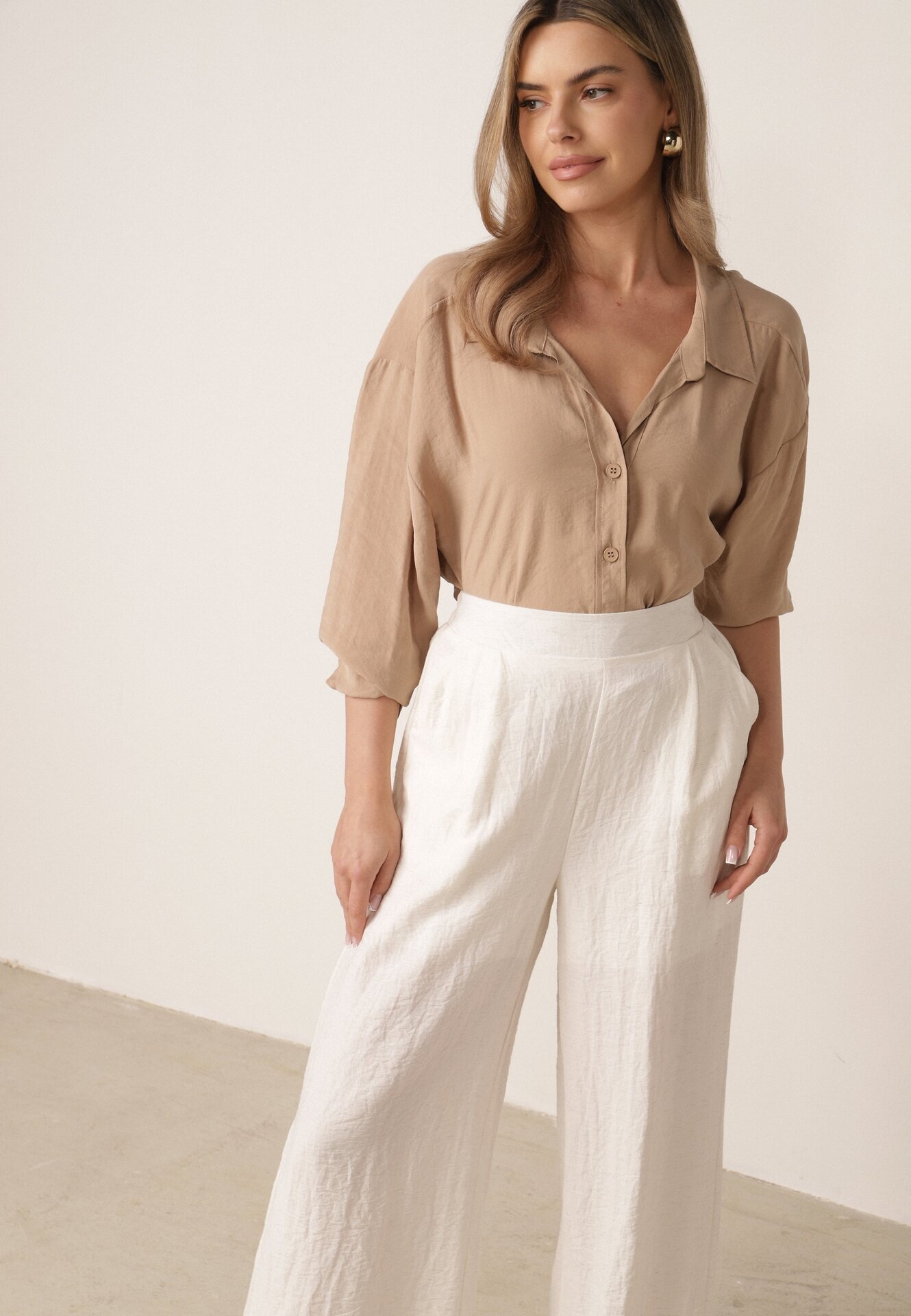 melya by melody Pantaloni casual structurali largi cu talie înaltă Sofede Bej