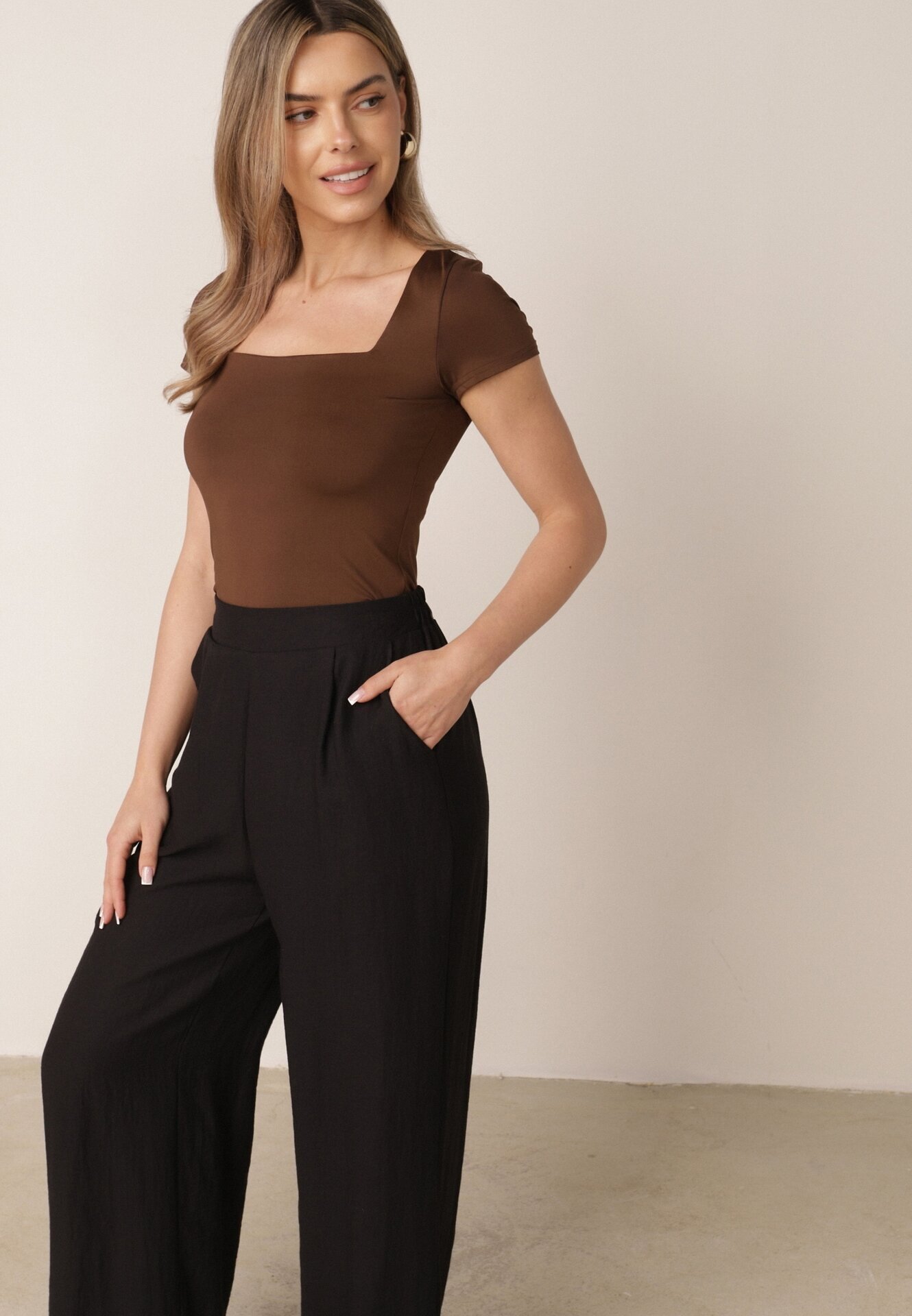 melya by melody Pantaloni casual structurali largi cu talie înaltă Sofede Negri