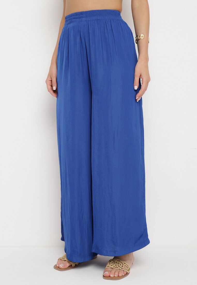 melya by melody Pantaloni Largi Bleumarin din Viscoză și cu Talie Înaltă și cu Elastic în Talie Kelevevia