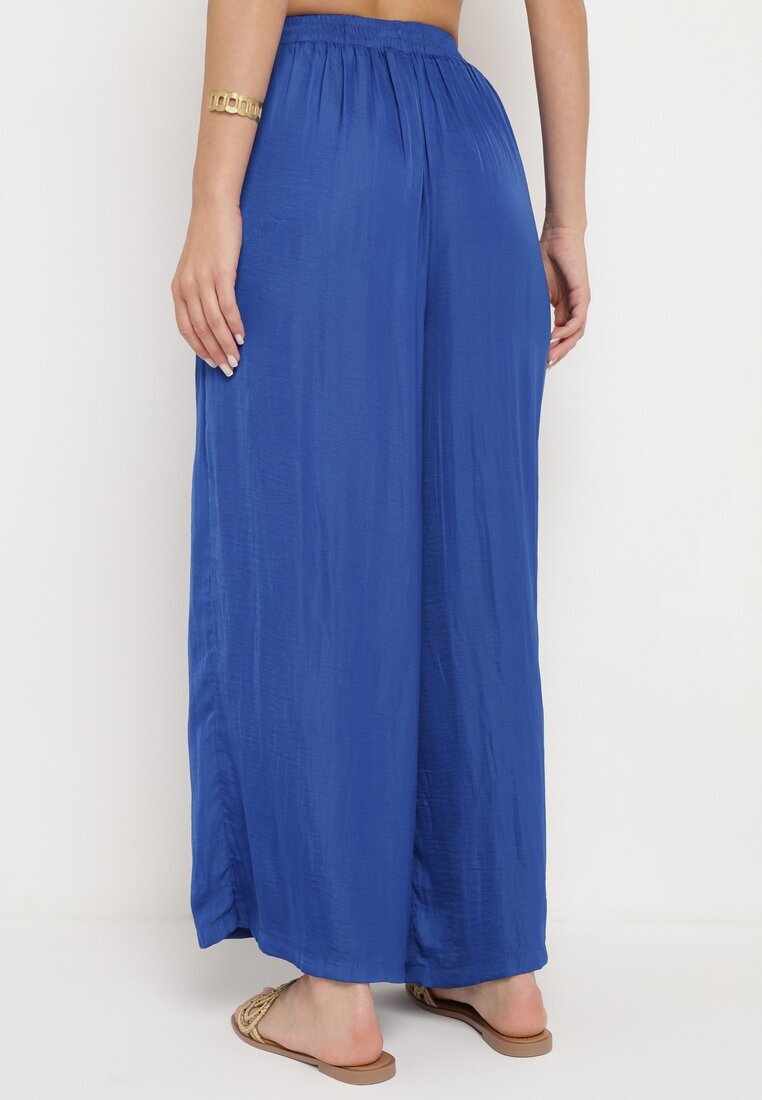 melya by melody Pantaloni Largi Bleumarin din Viscoză și cu Talie Înaltă și cu Elastic în Talie Kelevevia