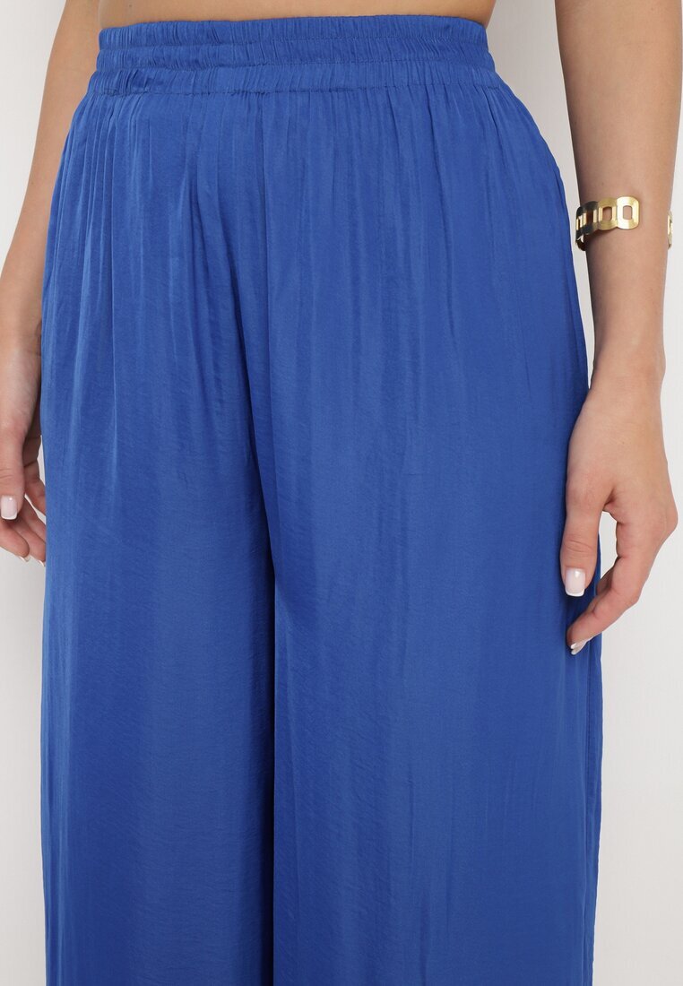 melya by melody Pantaloni Largi Bleumarin din Viscoză și cu Talie Înaltă și cu Elastic în Talie Kelevevia