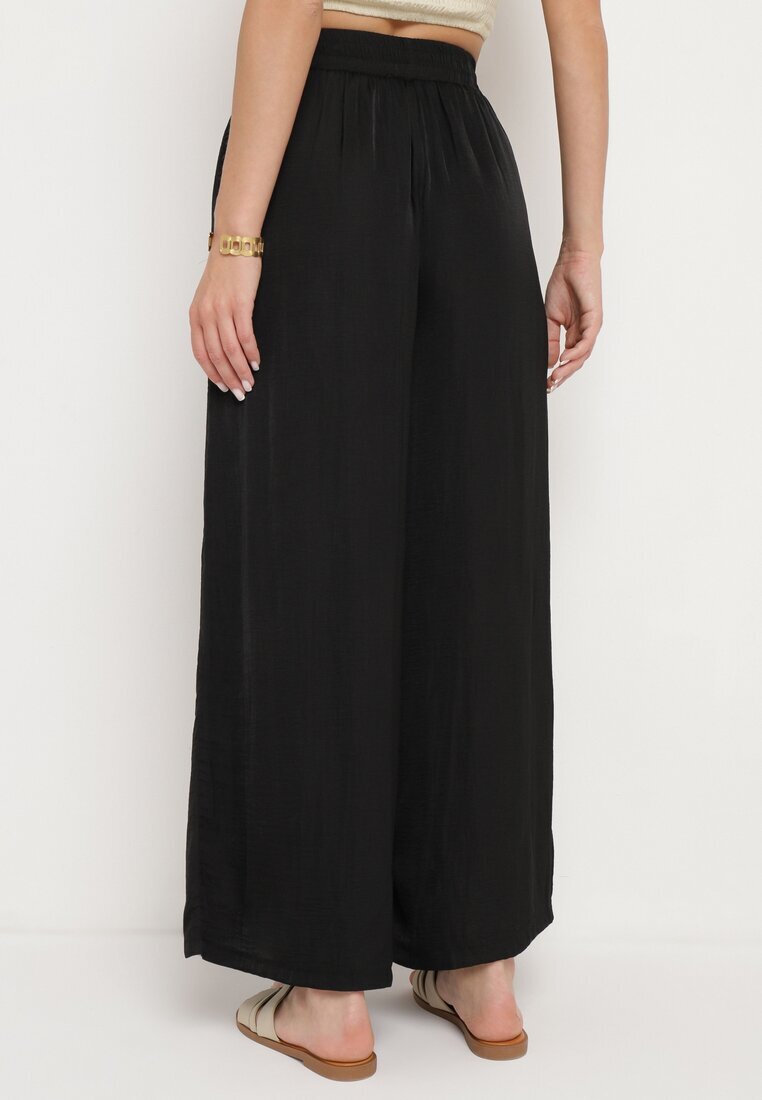 melya by melody Pantaloni Largi Negri din Viscoză cu Talie Înaltă și Elastic în Talie Kelevevia