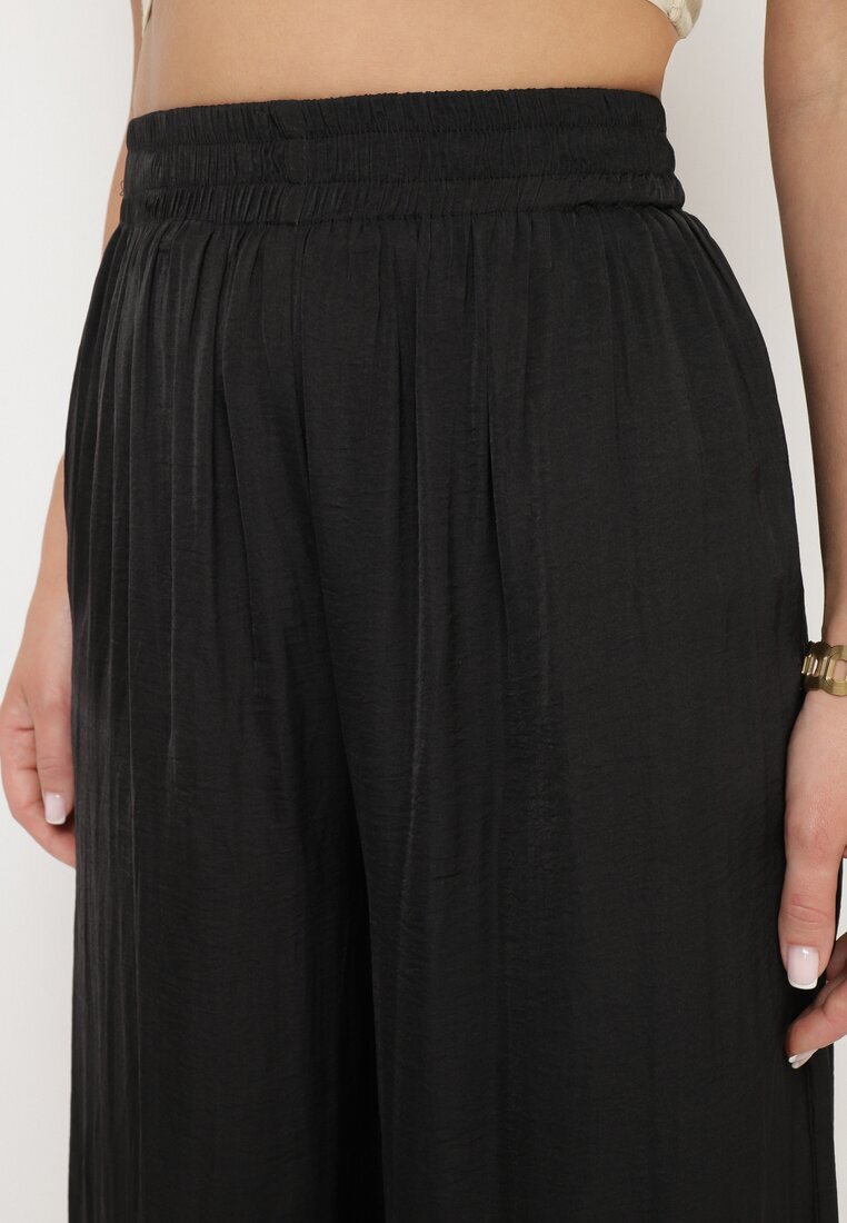 melya by melody Pantaloni Largi Negri din Viscoză cu Talie Înaltă și Elastic în Talie Kelevevia