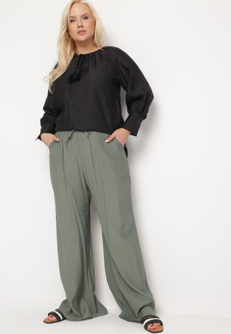 melya by melody Pantaloni Largi Verde Închis din Viscoză cu Buzunare Rowalle