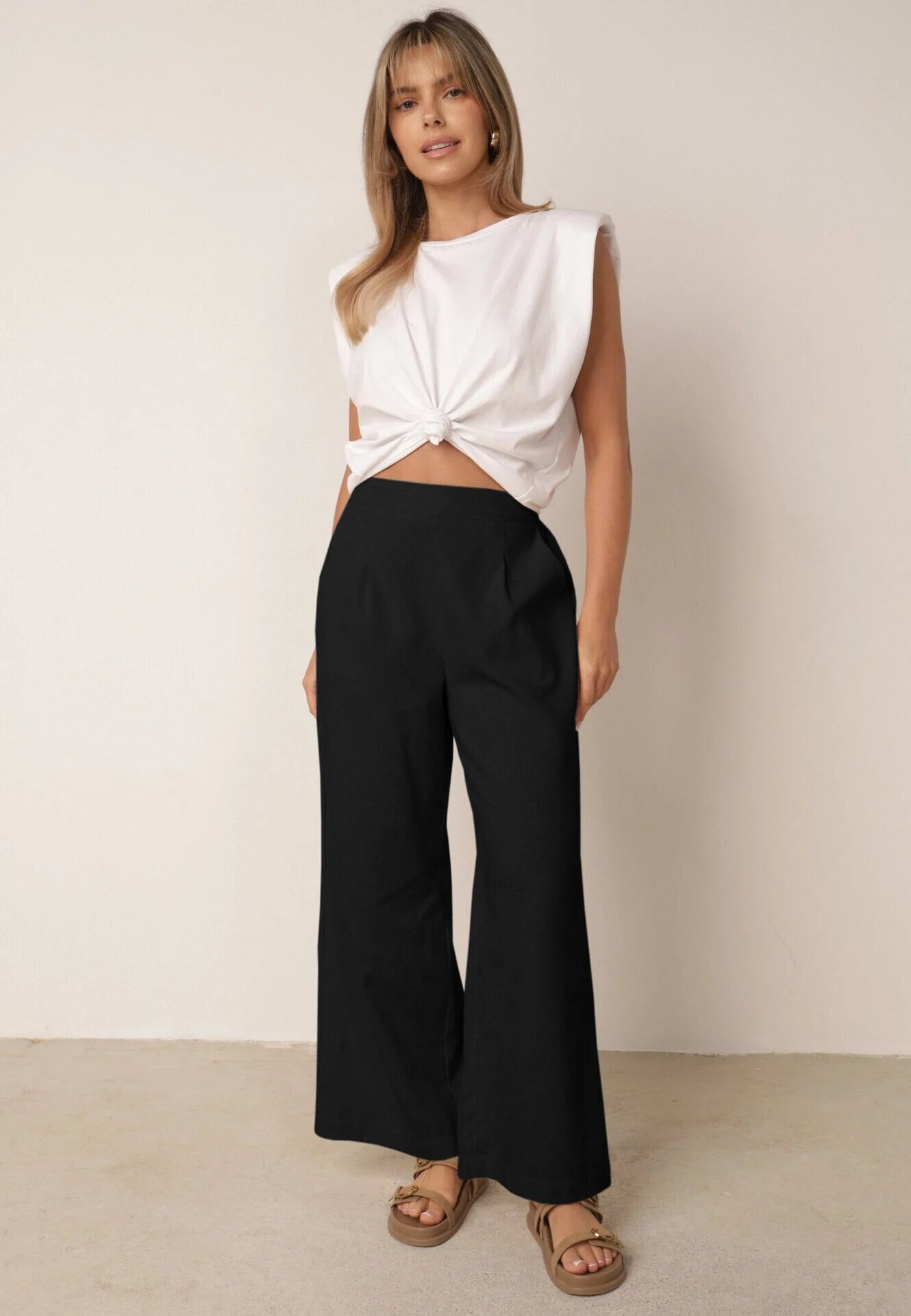 melya by melody Pantaloni negri largi cu elastic în talie cu in Araniells