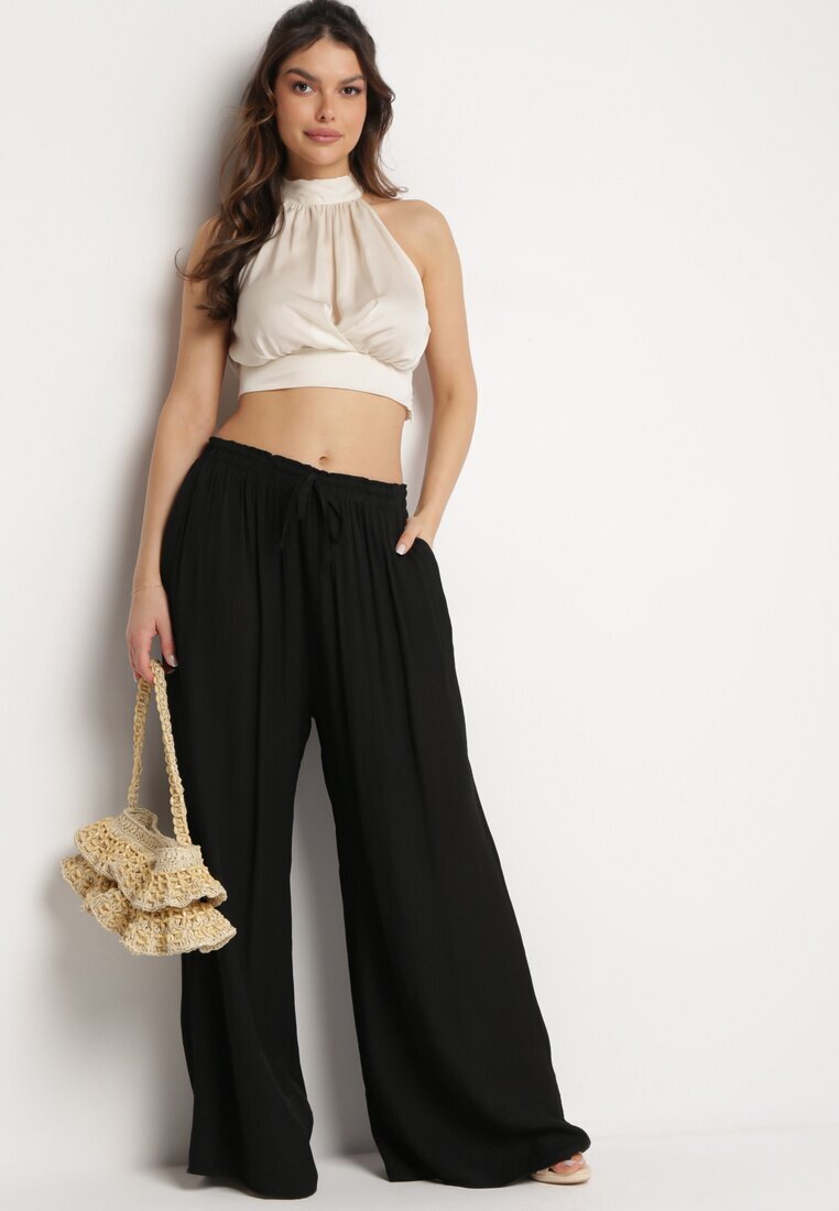 melya by melody Pantaloni Negri Largi din Viscoză cu Buzunare Rowalle