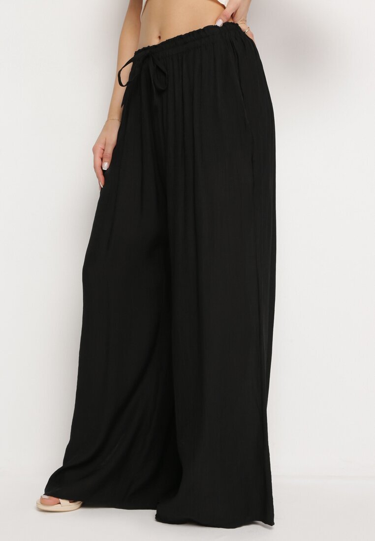 melya by melody Pantaloni Negri Largi din Viscoză cu Buzunare Rowalle
