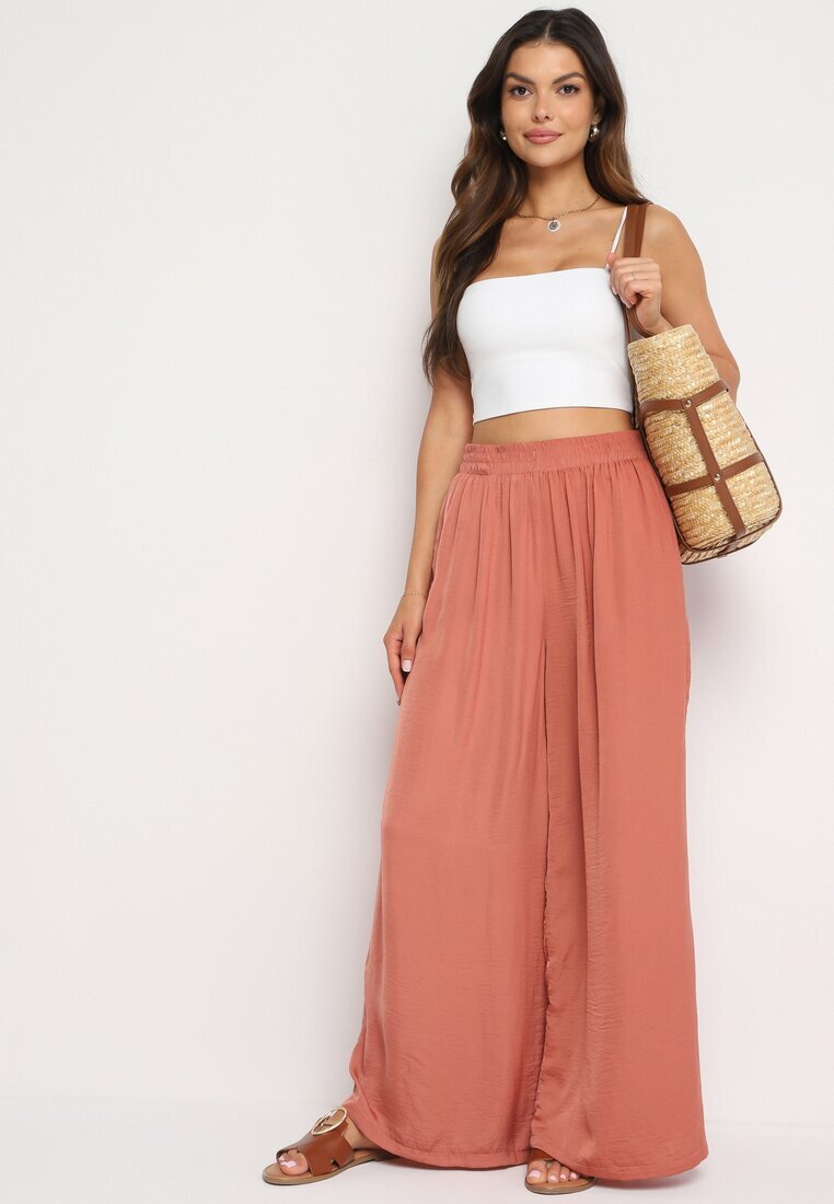 melya by melody Pantaloni portocalii din viscoză și talie înaltă și elastic în talie Kelevevia